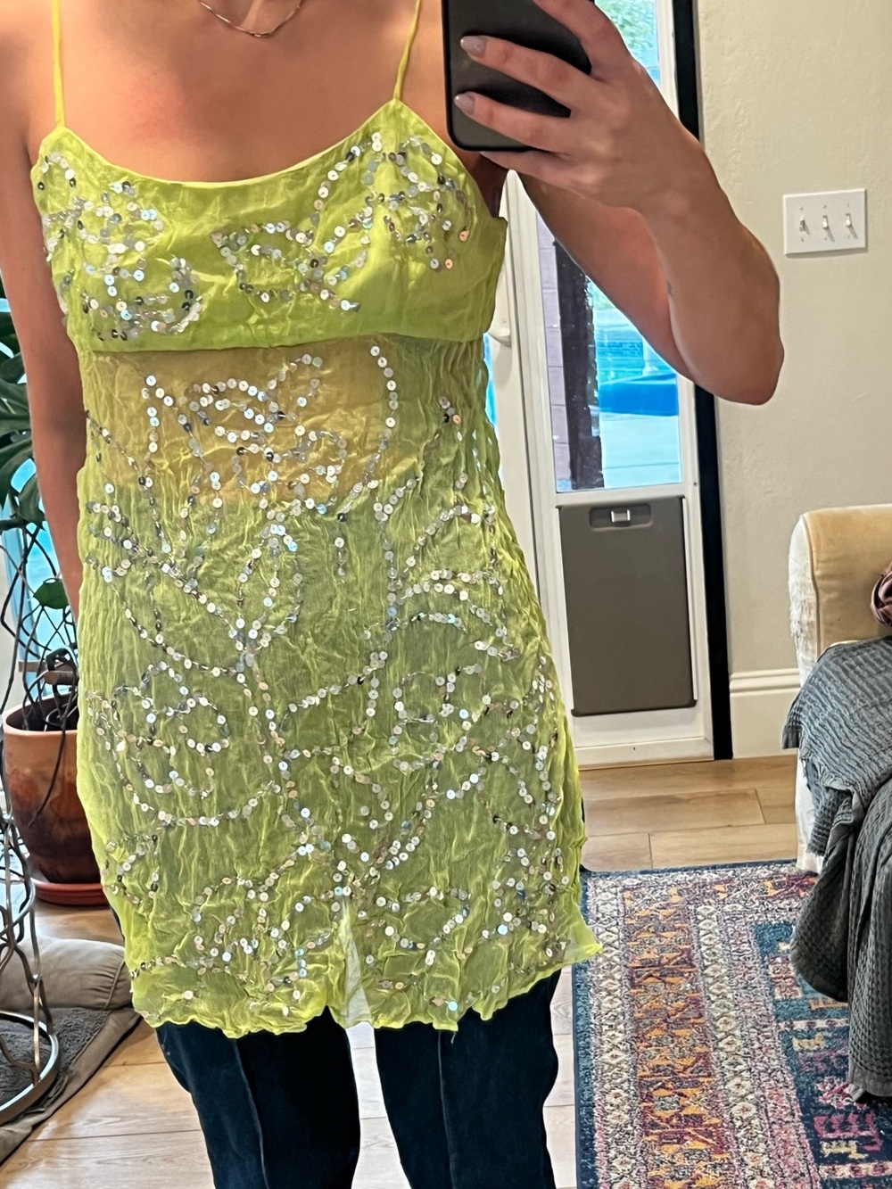 Embellished Lime Green Spaghetti Strap Top